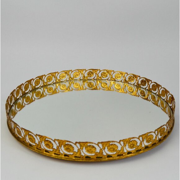 Vintage MCM Vanity Mirror Lazy Susan Gold - Picture 1 of 6